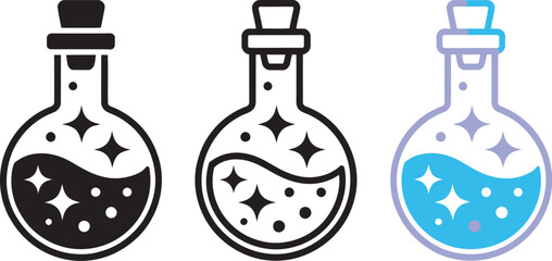 Jar with sparkles icon set featuring magic jar, potion, stars, glass container and decorative bottle elements in line, flat and colored vector styles for fantasy and mystical design concepts. © Dalim 4