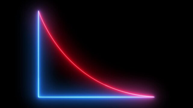 Neon glowing L-shaped graph axis with a red exponential decay curve animation on a black background.