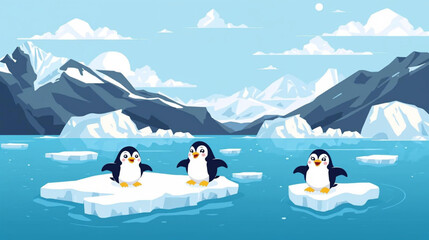 Cheerful penguins on an ice floe against the backdrop of a landscape of large glaciers and icebergs.  © Pemuda