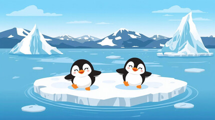 Cheerful penguins on an ice floe against the backdrop of a landscape of large glaciers and icebergs.  © Pemuda