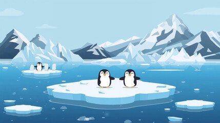 Cheerful penguins on an ice floe against the backdrop of a landscape of large glaciers and icebergs.  © Pemuda