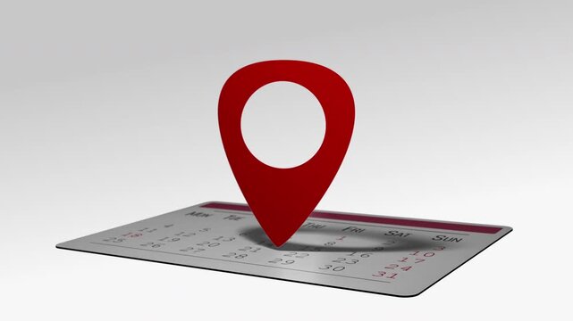 Bright red location pin landing on a metallic calendar to highlight a chosen day, horizontal motion graphic for booking, event planning and reminder advertising content