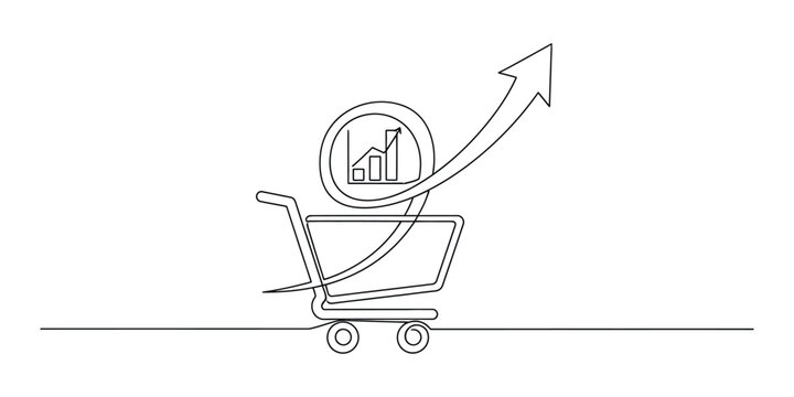 Continuous line drawing of shopping cart with growth chart and arrow.