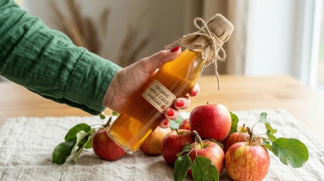 Hand holding organic apple cider vinegar bottle with fresh apples on rustic table