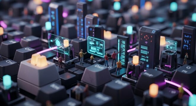 Tiny figures explore a futuristic digital city built on a keyboard with glowing neon screens and data interfaces.