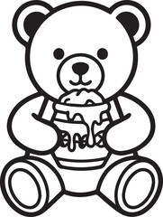 A charming cartoon teddy bear is depicted holding a pot of dripping honey, with a sweet and delightful expression. © DesignINKZ
