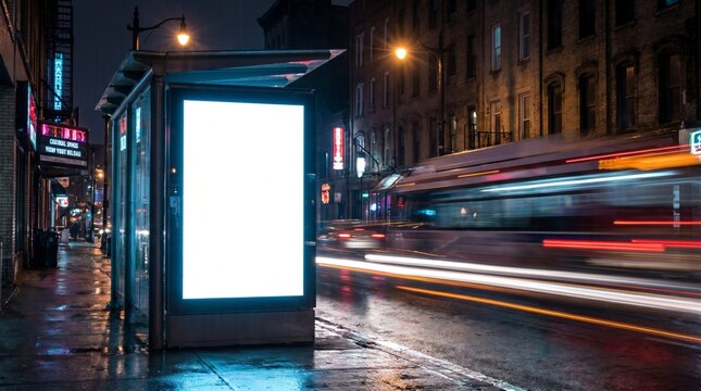 Bus stop billboard mockup standing on a wet urban street at night with cinematic light trails and long exposure for outdoor advertising design