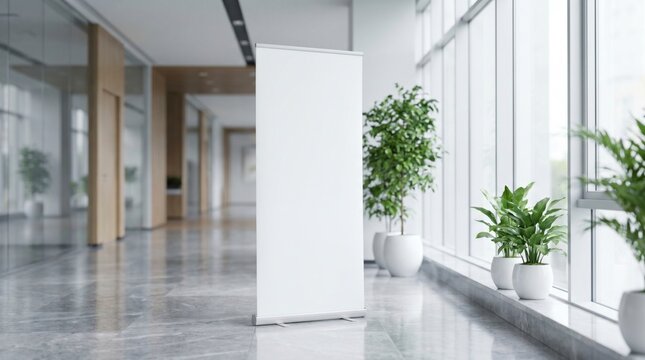Blank roll-up banner standing in a bright corporate hallway with large windows and indoor plants in a clean minimalist shot for commercial marketing