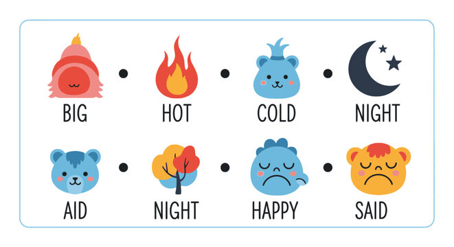 Educational worksheet for opposites and rhyming words with icons