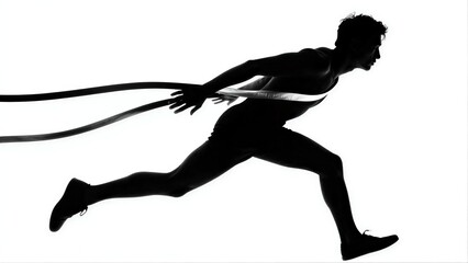Fototapeta premium Silhouette of a sprinter crossing finish line in dynamic motion against stark white background.
