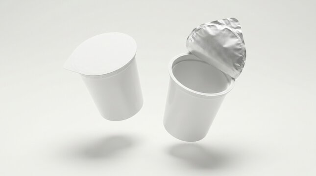 White plastic food containers levitating in a minimalist studio with soft shadows for dairy product packaging design