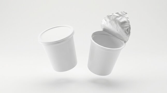 Plastic yogurt containers levitating in a bright white studio space with soft shadows for food packaging design