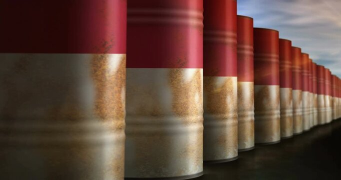 Indonesia oil business and fuel extraction barrels in row seamless and loopable concept. Indonesian petrol industrial containers.