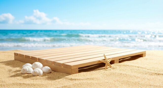 Empty wooden platform on sandy beach with starfish and seashells for summer product display mockup against sunny ocean background