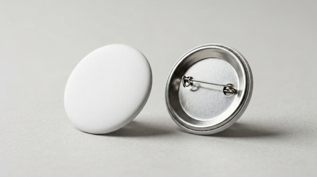 White pin button badge mockup showing front and back on grey surface in soft studio light for promotional campaign marketing