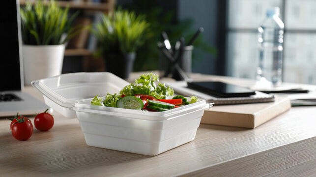 Salad in takeaway container on office desk with plants and laptop. Open food container on office table