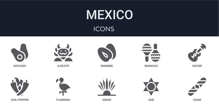 Set of 10 solid Mexico icons for dashboards, app screens and website sections. Filled glyph collection including ajolote, maracas, chili pepper, grave and sun.