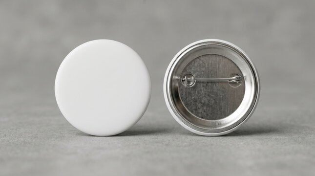 White pin buttons front and back view on textured stone surface with sharp focus for corporate brand merchandise marketing
