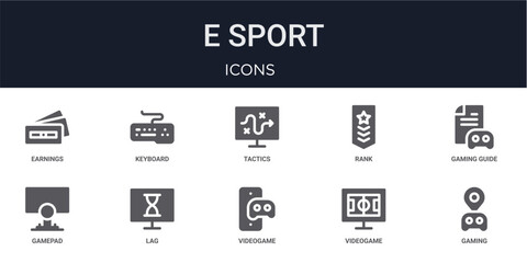 Set of 10 solid E Sport icons for dashboards, app screens and website sections. Filled glyph collection including keyboard, rank, gamepad, videogame and videogame. © Olivia