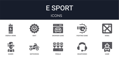 Set of 10 solid E Sport icons for dashboards, app screens and website sections. Filled glyph collection including rekt, fighting game, gamer, pedals and headphones. © Olivia