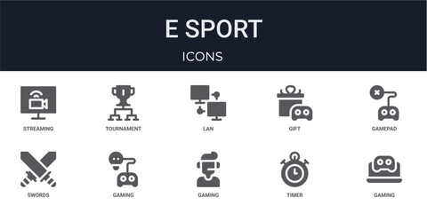Set of 10 solid E Sport icons for dashboards, app screens and website sections. Filled glyph collection including tournament, gift, swords, gaming commentator and timer. © Olivia