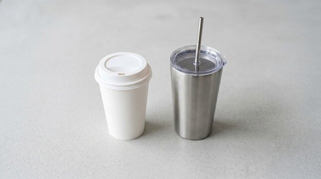 Reusable tumbler and paper coffee cup standing side-by-side on a neutral stone surface minimalist high-key shot for environmental sustainability marketing