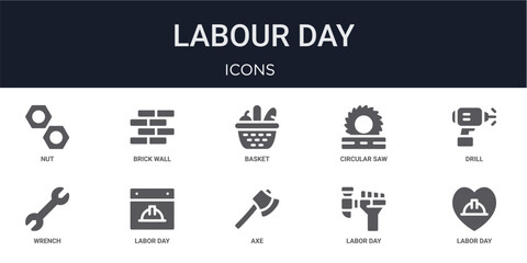 Naklejka premium Set of 10 solid Labour Day icons for dashboards, app screens and website sections. Filled glyph collection including brick wall, circular saw, wrench, axe and labor day.