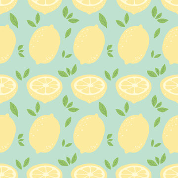 Hand-drawn lemons and green on a light green background leaves seamless pattern. For fabric, paper wrap.
