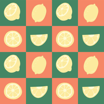 Hand-drawn lemons on an orange and green plaid seamless p