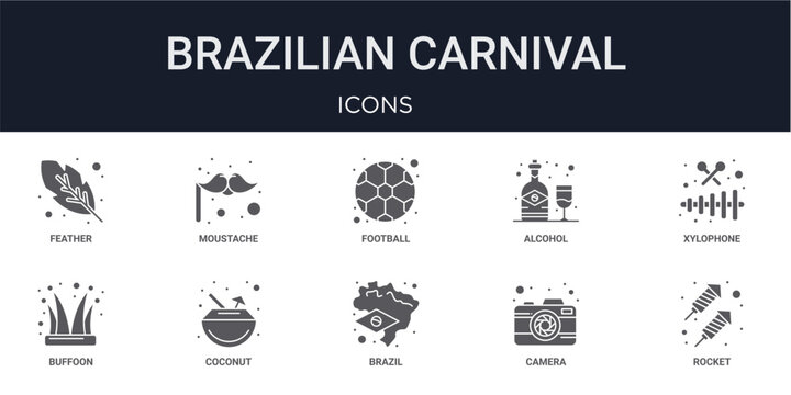 Set of 10 solid Brazilian Carnival icons for dashboards, app screens and website sections. Filled glyph collection including moustache, alcohol, buffoon, brazil and camera.