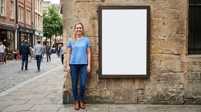 Blank billboard mockup on rustic stone wall with woman standing in city street for commercial advertising