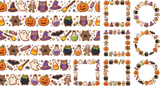 Halloween seamless horizontal border vector set featuring cute ghosts spooky pumpkins black cats witches skulls candy corn and haunted gingerbread houses (23 words)