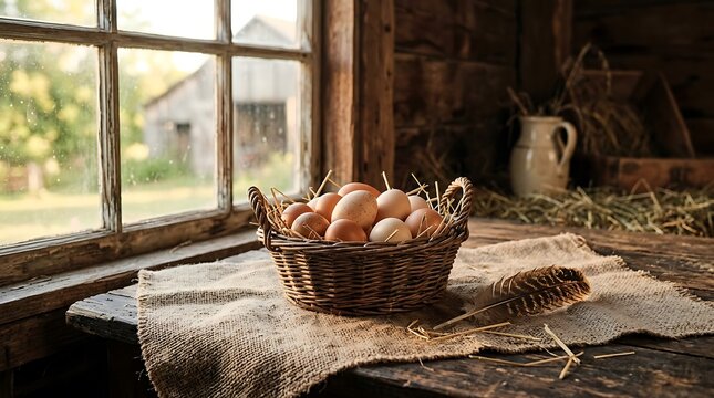 Fresh brown chicken eggs in a rustic wicker basket on a burlap cloth near a window in a farmhouse barn