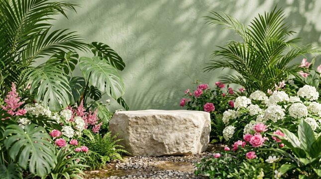 Natural stone pedestal centered in a floral garden with tropical palm leaves and dappled sunlight for premium beauty product marketing