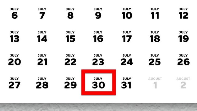 Red cursor highlighting July 30th on a 2026 wall calendar page