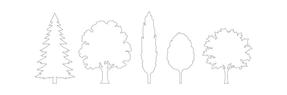 Minimalist tree outline icons set, simple black line art forest silhouettes, collection of 5 thin stroke deciduous and evergreen tree vectors