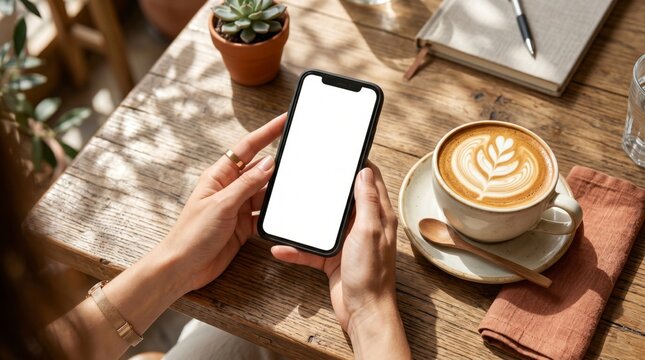 Smartphone mockup held by female hands on a rustic outdoor table beside a latte with leaf shadows for mobile interface design marketing