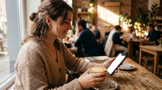 Young woman using smartphone while holding latte in rustic cafe for lifestyle marketing