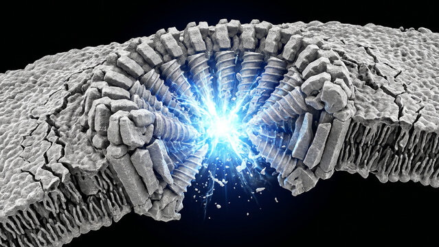 補体タンパク質が標的細胞の膜に孔を形成し破壊する様子を描いた、漆黒背景の医療CG画像。