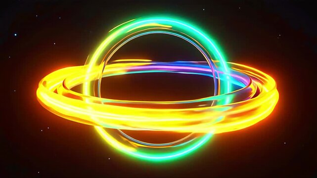 Futuristic Neon Glowing Rings Rotating Around Cosmic Sphere in Space. 4K Video