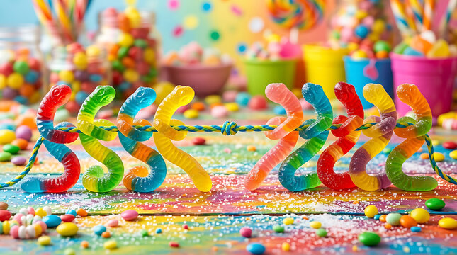 A Close-Up View of Colorful Gummy Worms Tied Together on a Sprinkle-Covered Surface