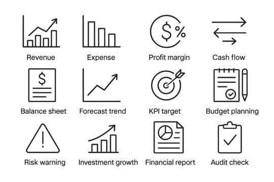 Financial Dashboard Icons. Financial analytics dashboard. Line outline icon set of Financial analytics