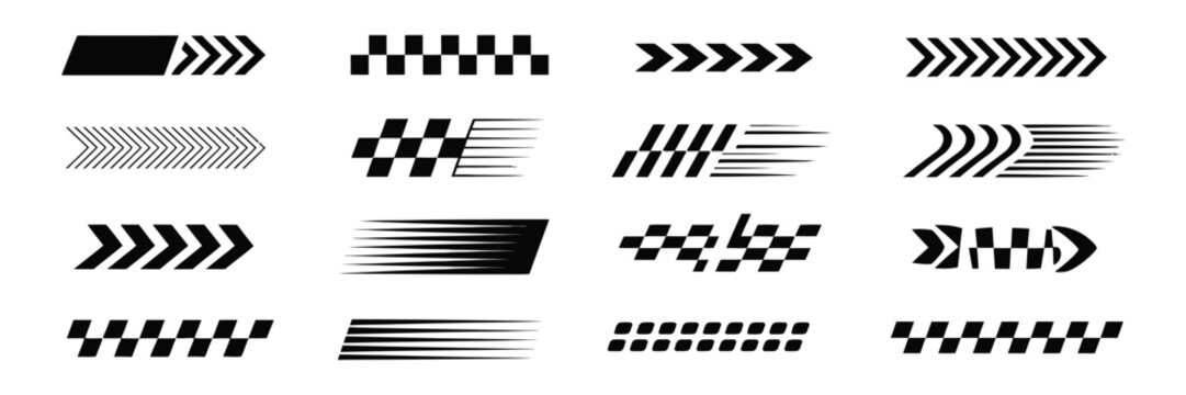 Racing stripes, motorsport checkered flag patterns with dynamic vector lines for race car decals, automotive design