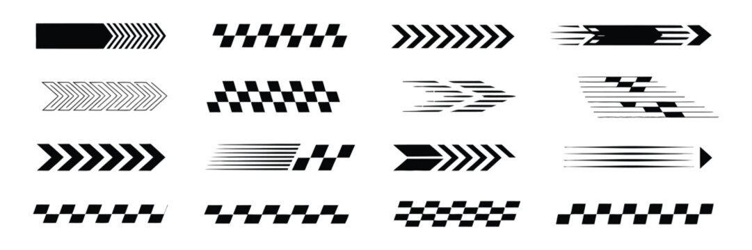 Racing stripes, motorsport checkered flag patterns with dynamic vector lines for race car decals, automotive design