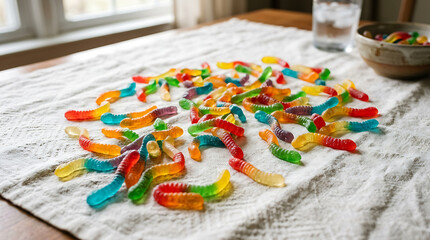 Fototapeta premium Vibrantly Colored Gummy Worms Scattered Across a Textured Surface