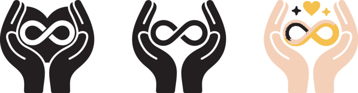 Neurodiversity hands gently holding infinity symbol with soft lines inclusion vector illustration representing diversity of minds, acceptance, equality and inclusive support concepts.