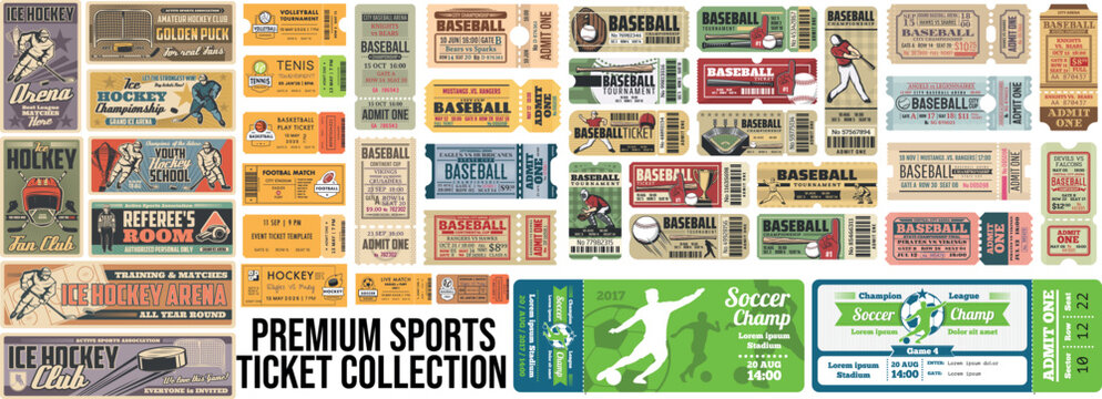 Vintage Sports Ticket Collection Baseball Soccer Hockey and Event Admission Pass Vector Set