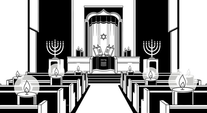 Black and White Interior of a Synagogue with Torah and Menorah