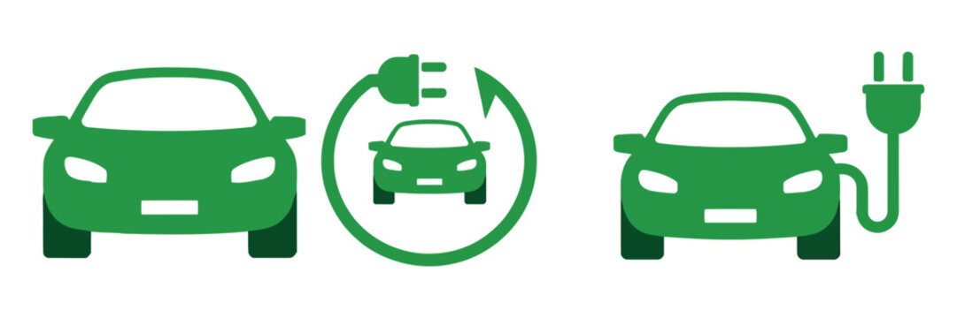 Electric Car Charging Icons Featuring EV Stations, Power Plugs, Charging Sockets, Hybrid Vehicles, and Sustainable Transportation Symbols