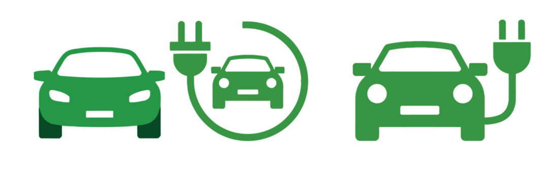 Electric Car Charging Icons Featuring EV Stations, Power Plugs, Charging Sockets, Hybrid Vehicles, and Sustainable Transportation Symbols